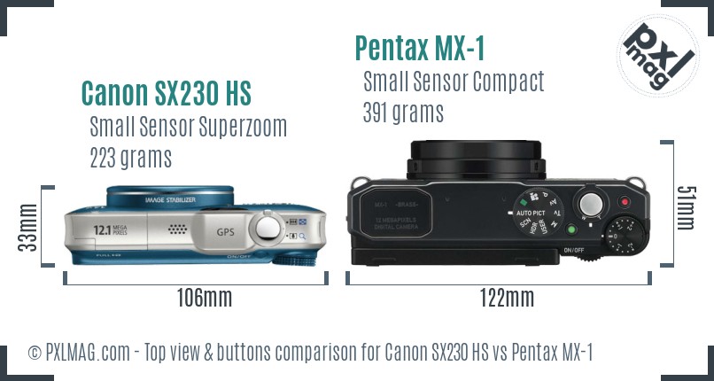 Canon SX230 HS vs Pentax MX-1 top view buttons comparison