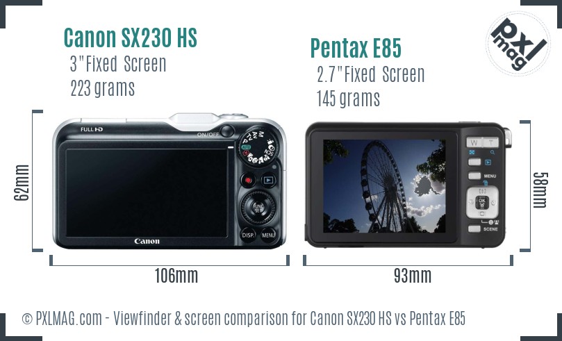 Canon SX230 HS vs Pentax E85 Screen and Viewfinder comparison