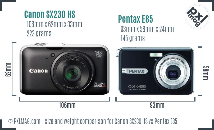 Canon SX230 HS vs Pentax E85 size comparison
