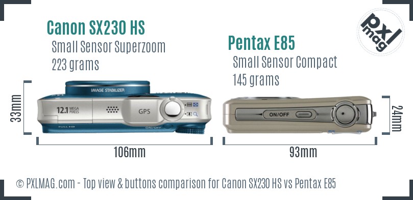 Canon SX230 HS vs Pentax E85 top view buttons comparison