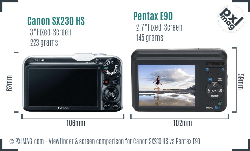 Canon SX230 HS vs Pentax E90 Screen and Viewfinder comparison