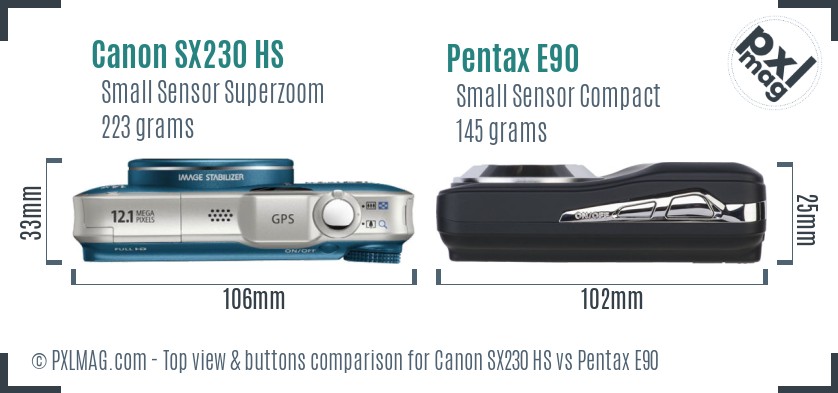 Canon SX230 HS vs Pentax E90 top view buttons comparison