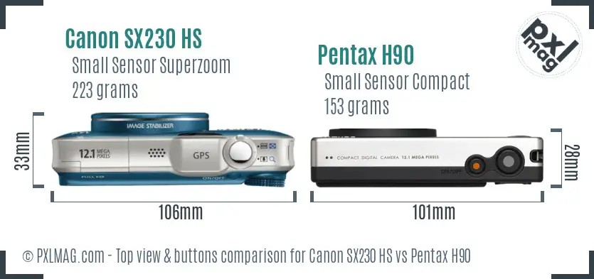Canon SX230 HS vs Pentax H90 top view buttons comparison Canon SX230 HS vs Pentax H90 top view buttons comparison