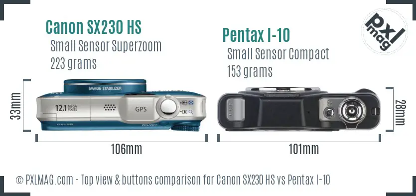 Canon SX230 HS vs Pentax I-10 top view buttons comparison Canon SX230 HS vs Pentax I-10 top view buttons comparison