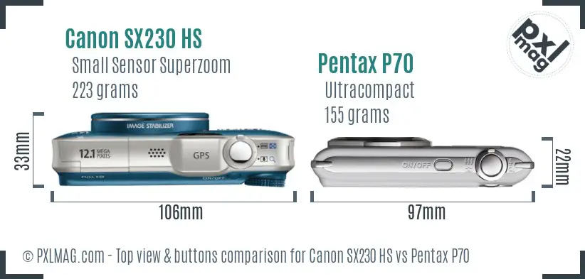 Canon SX230 HS vs Pentax P70 top view buttons comparison