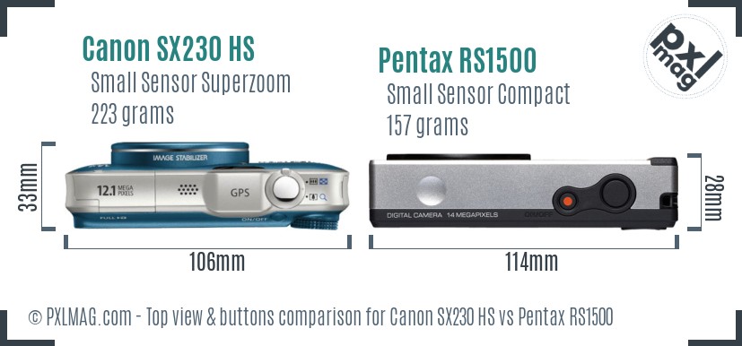 Canon SX230 HS vs Pentax RS1500 top view buttons comparison