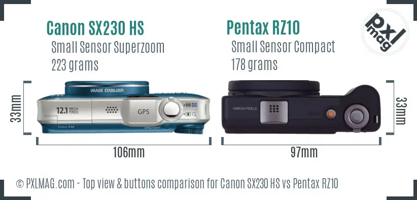 Canon SX230 HS vs Pentax RZ10 top view buttons comparison