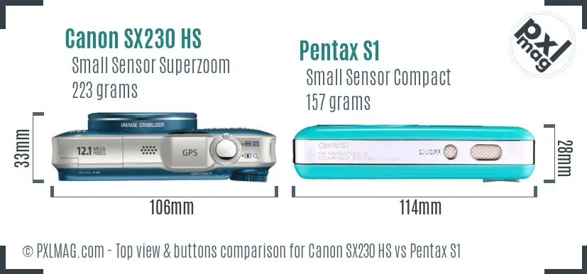Canon SX230 HS vs Pentax S1 top view buttons comparison