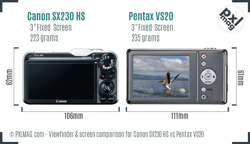Canon SX230 HS vs Pentax VS20 Screen and Viewfinder comparison