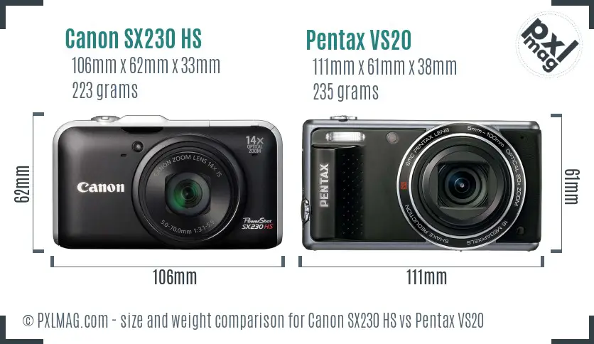 Canon SX230 HS vs Pentax VS20 size comparison