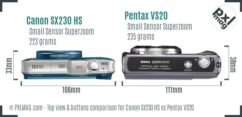 Canon SX230 HS vs Pentax VS20 top view buttons comparison