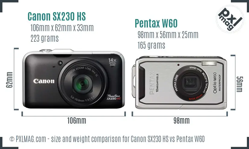 Canon SX230 HS vs Pentax W60 size comparison