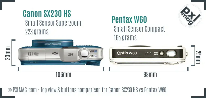 Canon SX230 HS vs Pentax W60 top view buttons comparison