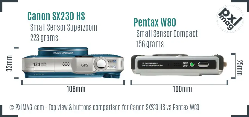 Canon SX230 HS vs Pentax W80 top view buttons comparison Canon SX230 HS vs Pentax W80 top view buttons comparison