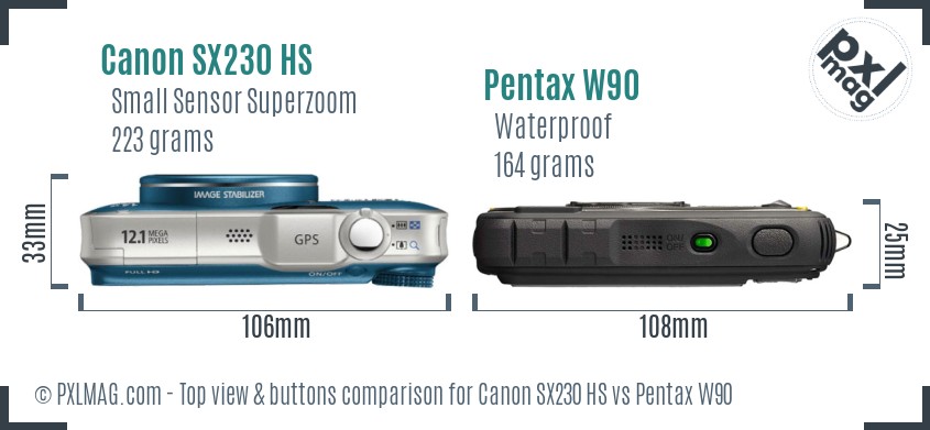 Canon SX230 HS vs Pentax W90 top view buttons comparison