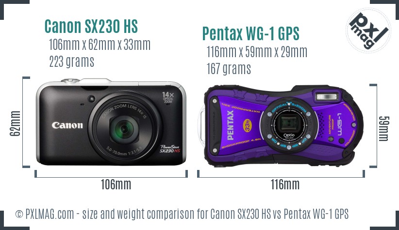Canon SX230 HS vs Pentax WG-1 GPS size comparison Canon SX230 HS vs Pentax WG-1 GPS size comparison
