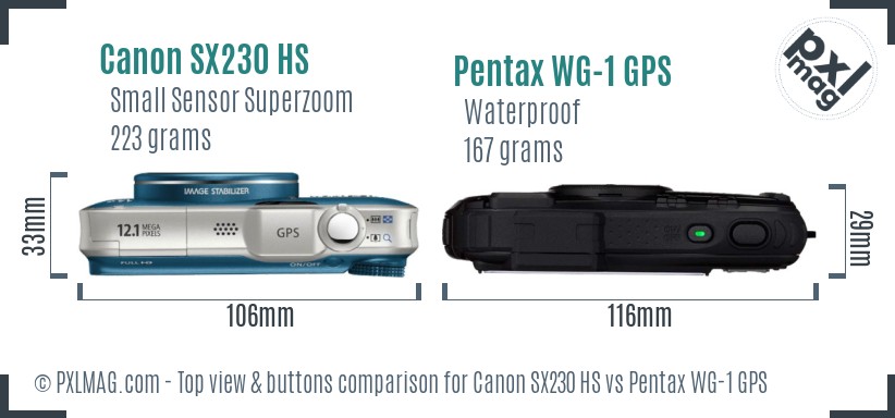 Canon SX230 HS vs Pentax WG-1 GPS top view buttons comparison