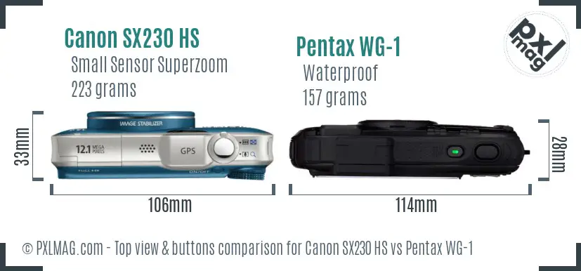 Canon SX230 HS vs Pentax WG-1 top view buttons comparison