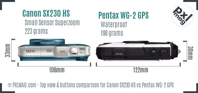 Canon SX230 HS vs Pentax WG-2 GPS top view buttons comparison