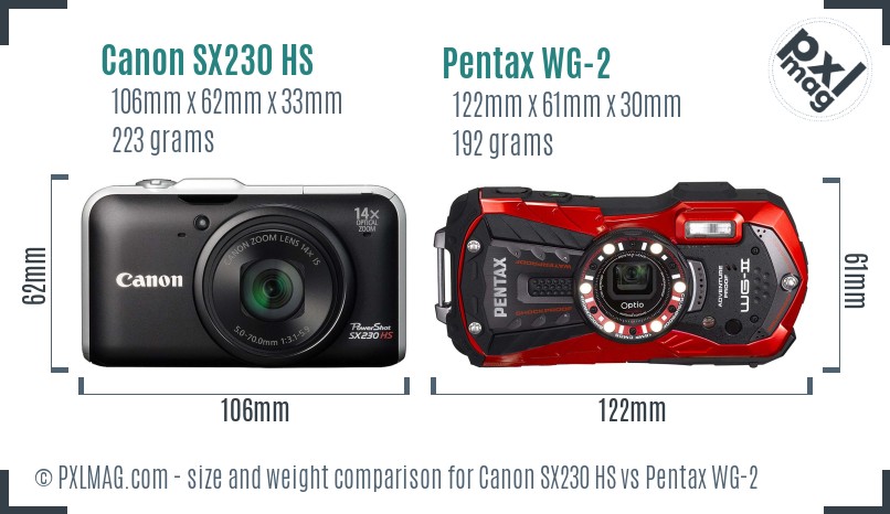 Canon SX230 HS vs Pentax WG-2 size comparison