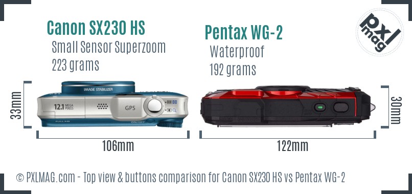 Canon SX230 HS vs Pentax WG-2 top view buttons comparison