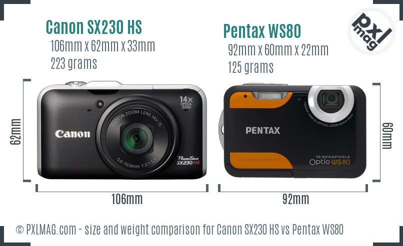Canon SX230 HS vs Pentax WS80 size comparison