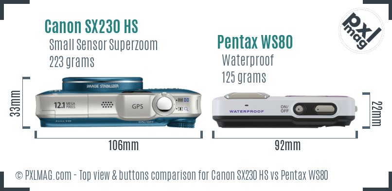 Canon SX230 HS vs Pentax WS80 top view buttons comparison