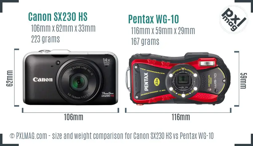 Canon SX230 HS vs Pentax WG-10 size comparison
