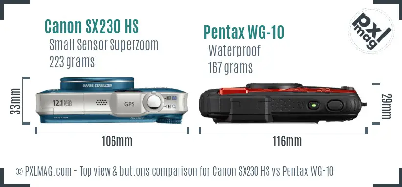 Canon SX230 HS vs Pentax WG-10 top view buttons comparison