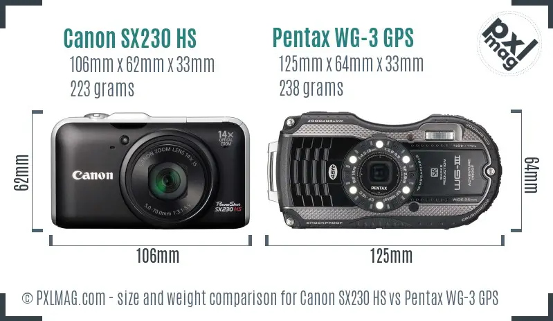 Canon SX230 HS vs Pentax WG-3 GPS size comparison