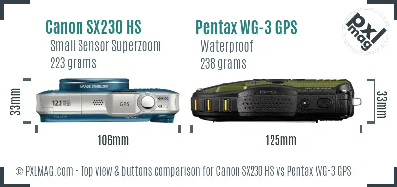 Canon SX230 HS vs Pentax WG-3 GPS top view buttons comparison