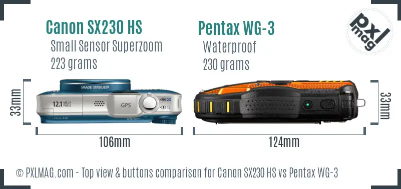 Canon SX230 HS vs Pentax WG-3 top view buttons comparison