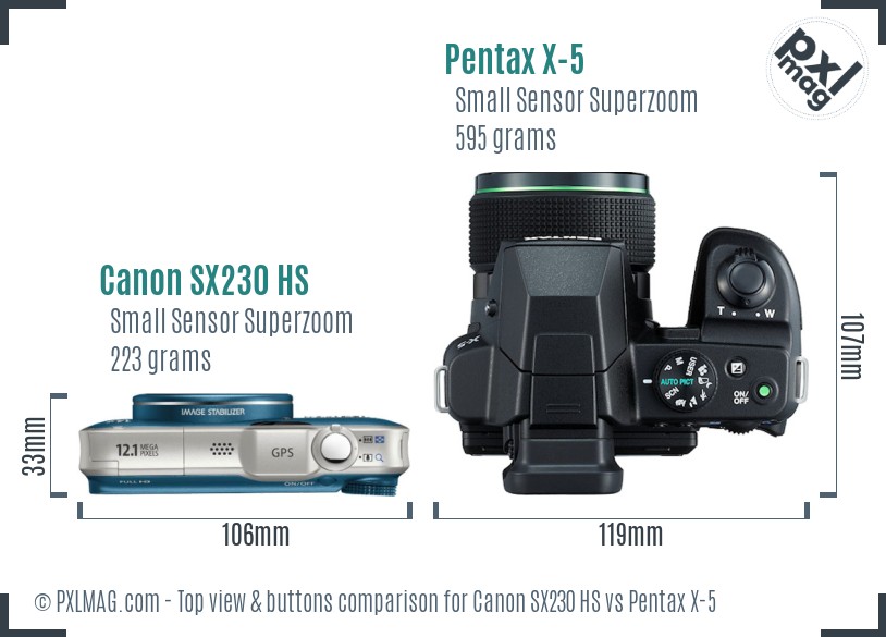 Canon SX230 HS vs Pentax X-5 top view buttons comparison