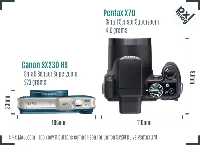 Canon SX230 HS vs Pentax X70 top view buttons comparison
