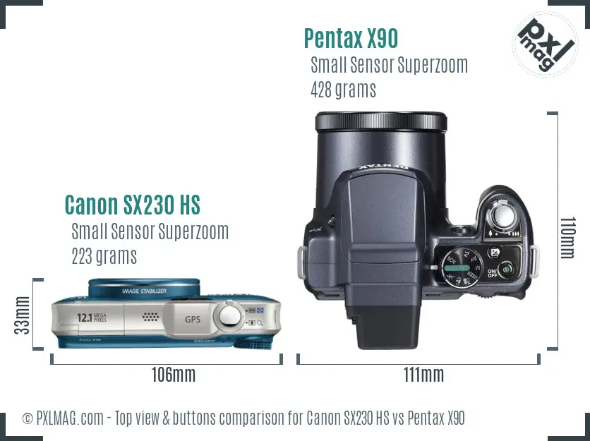 Canon SX230 HS vs Pentax X90 top view buttons comparison