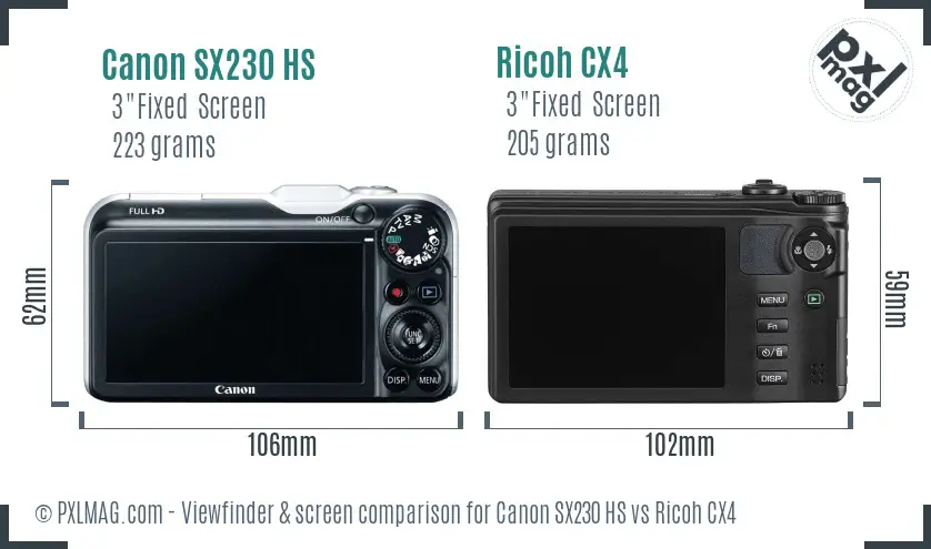 Canon SX230 HS vs Ricoh CX4 Screen and Viewfinder comparison