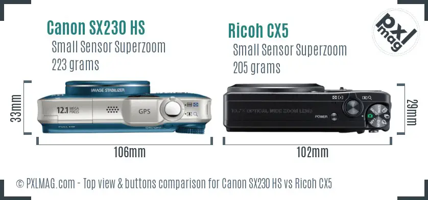 Canon SX230 HS vs Ricoh CX5 top view buttons comparison Canon SX230 HS vs Ricoh CX5 top view buttons comparison