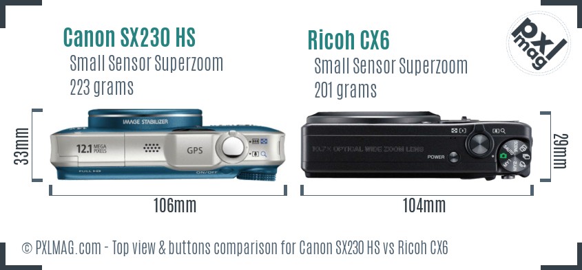 Canon SX230 HS vs Ricoh CX6 top view buttons comparison