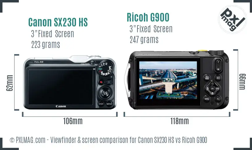 Canon SX230 HS vs Ricoh G900 Screen and Viewfinder comparison