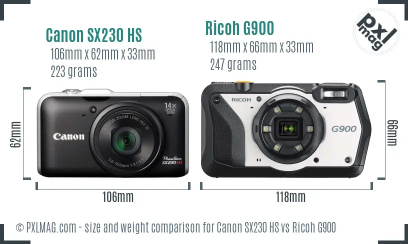 Canon SX230 HS vs Ricoh G900 size comparison