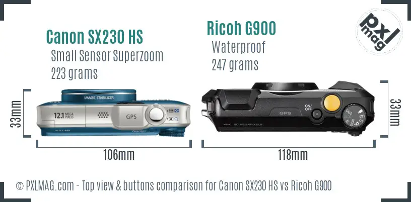 Canon SX230 HS vs Ricoh G900 top view buttons comparison