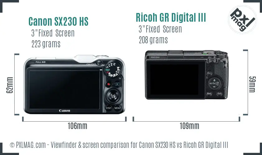 Canon SX230 HS vs Ricoh GR Digital III Screen and Viewfinder comparison
