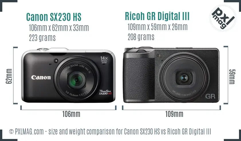 Canon SX230 HS vs Ricoh GR Digital III size comparison