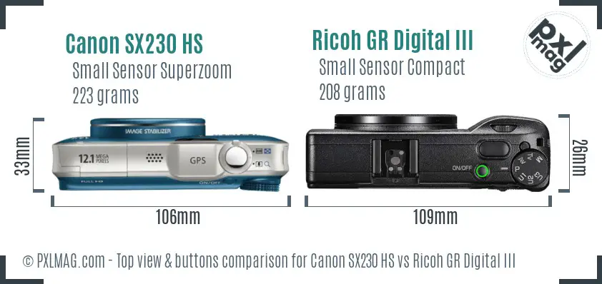 Canon SX230 HS vs Ricoh GR Digital III top view buttons comparison