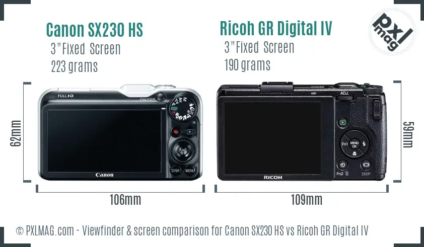 Canon SX230 HS vs Ricoh GR Digital IV Screen and Viewfinder comparison