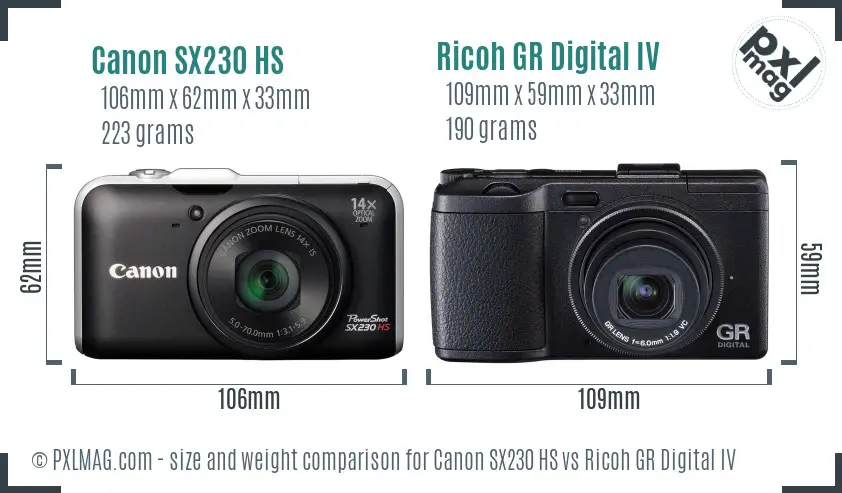 Canon SX230 HS vs Ricoh GR Digital IV size comparison