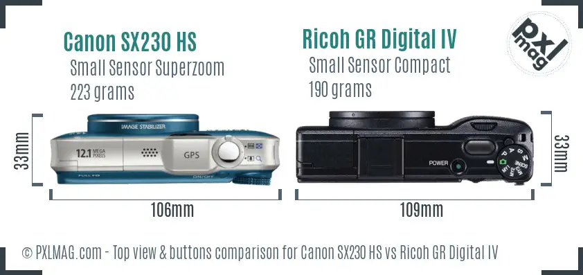 Canon SX230 HS vs Ricoh GR Digital IV top view buttons comparison