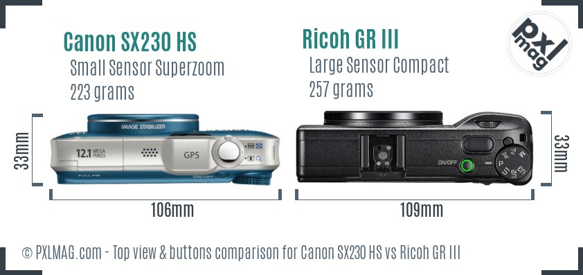 Canon SX230 HS vs Ricoh GR III top view buttons comparison