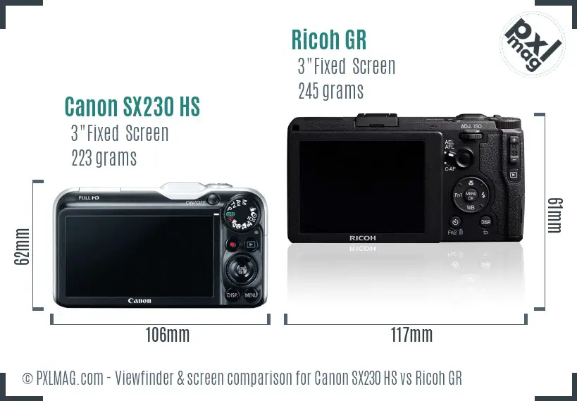 Canon SX230 HS vs Ricoh GR Screen and Viewfinder comparison