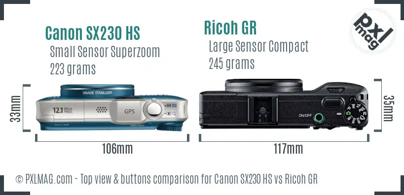 Canon SX230 HS vs Ricoh GR top view buttons comparison